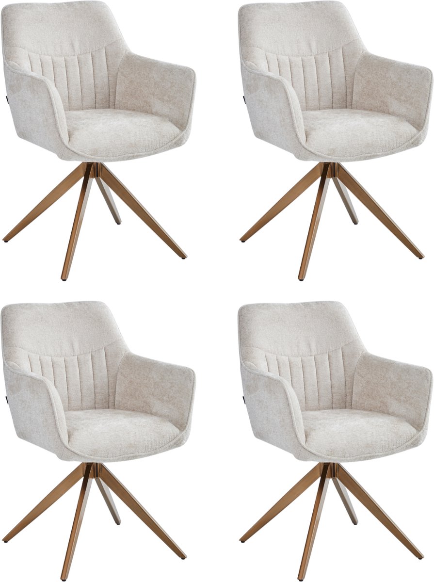 Colenis New Yade Eetkamerstoelen - Set van 4 - Beige - Chenille Stof - 180° Draaistoelen - Geborsteld Goud Poten - Gestoffeerde zitting
