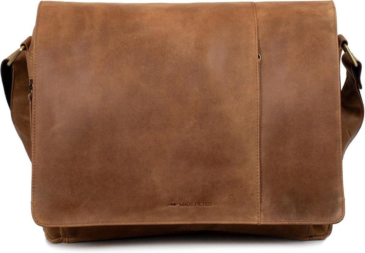 Leren schoudertas voor heren en dames, 15,6 inch laptoptas van echt buffelleer