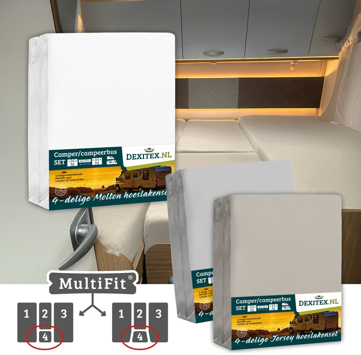 Dexitex 1 x Molton 1 x Hoeslaken Lichtgrijs + 1 x Hoeslaken Zandkleur / 4 delige set-Geschikt voor Camper lengtebedden of enkele bedden