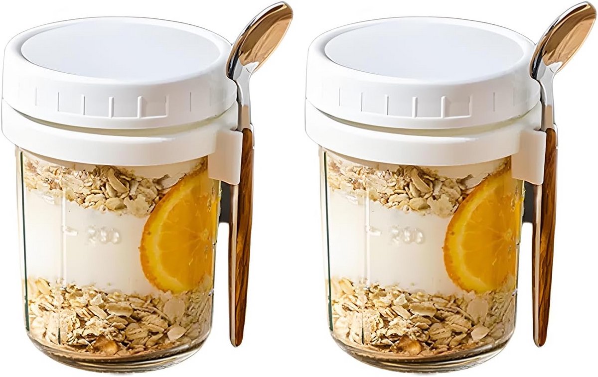 Set van 2 Luchtdichte Potten voor Overnight Oats met Lepel en Maatstrepen