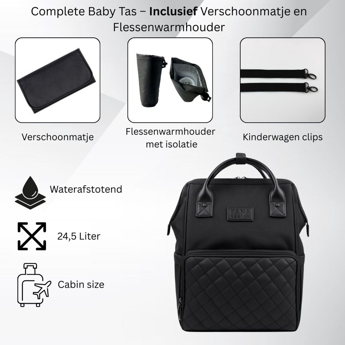 Fana Bags Luiertas Rugzak Zwart - Verschoningsmatje - Flessenwarmhouder - Kinderwagenhaken - Baby Rugtas - Grote Baby Tas – foto 5
