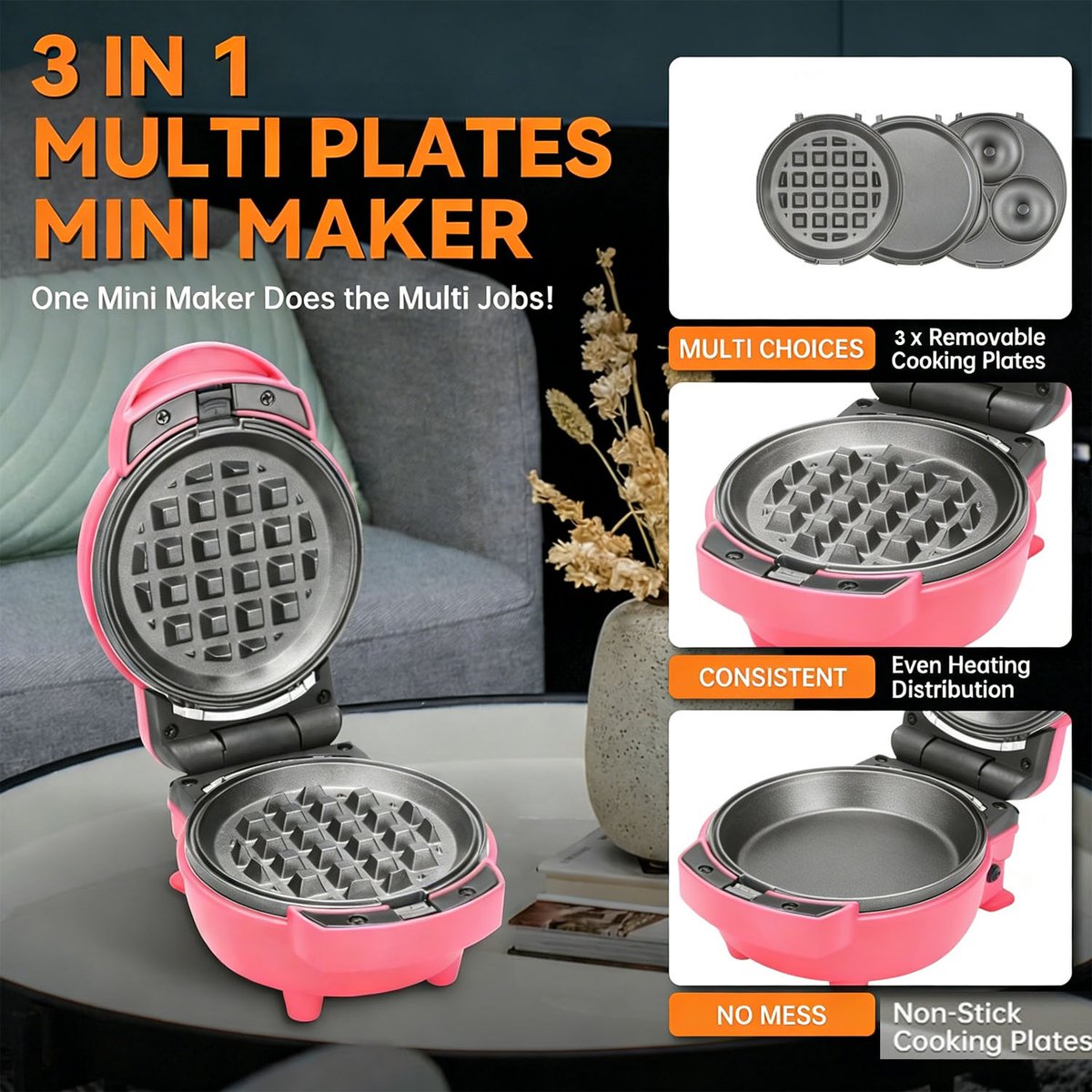 3-in-1 Mini Wafelijzer - Met Verwijderbare Platen voor Mini-pannenkoek en Donut - Compact Antiaanbak Model Rood - Gemakkelijk Schoon te Maken en Op te Bergen - Ideaal voor Snel Ontbijt Thuis — cadeau in Kookcadeaus - foto 2