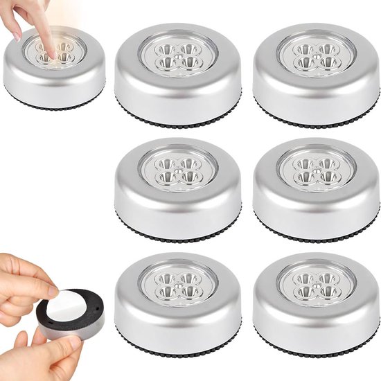 Zelfklevende LED Druklampen Set - 6 Stuks - Kastverlichting - Kastverlichting Draadloos - Onderbouwlampen - op batterijen - Nachtlampje - kastlampen - 4 LED - Push Light - Druk Lamp - Licht voor Voorraadkasten,Tenten, Auto's en Boten - Zilver