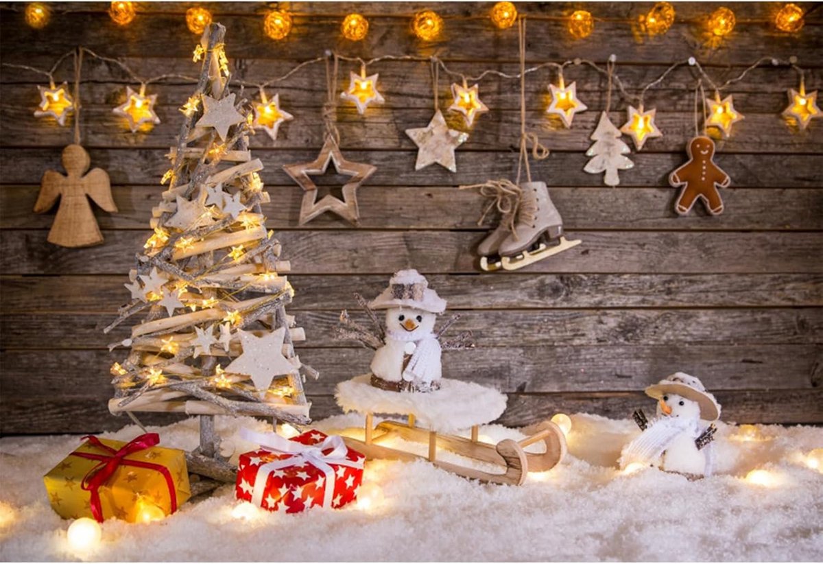 Fotografie Achtergrond Kerstboom Cadeaus Sneeuw Houten Plank Feest Studio 3x2m