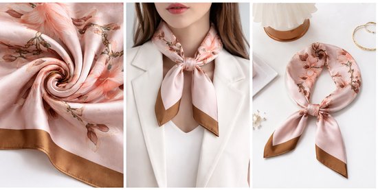 Zijden sjaal met roze magnoliabloesems, bruine rand, gedrapeerd op een model.