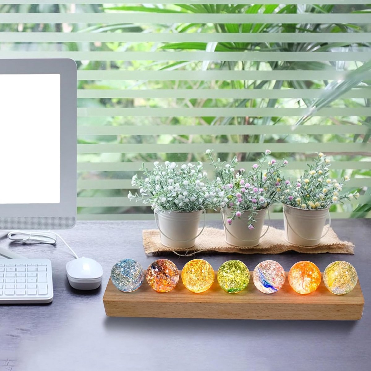 Kristallen Bol Set met LED Houten Standaard - 7 Kleuren Chakra Kwarts Healing Bollen