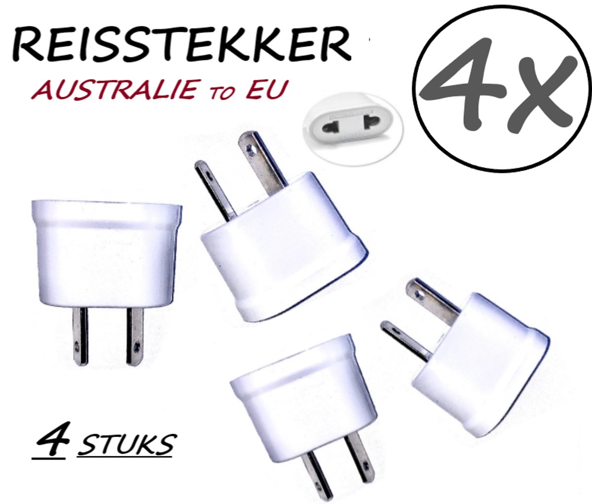 Reisstekker van EU reisstekker naar Australië Nieuw-Zeeland China (gedeeltelijk) Fiji Papoea-Nieuw-Guinea - 4 Stuks - Wereldstekker - Reis adapter - Wit - Australië Stekker - Verloop adapter