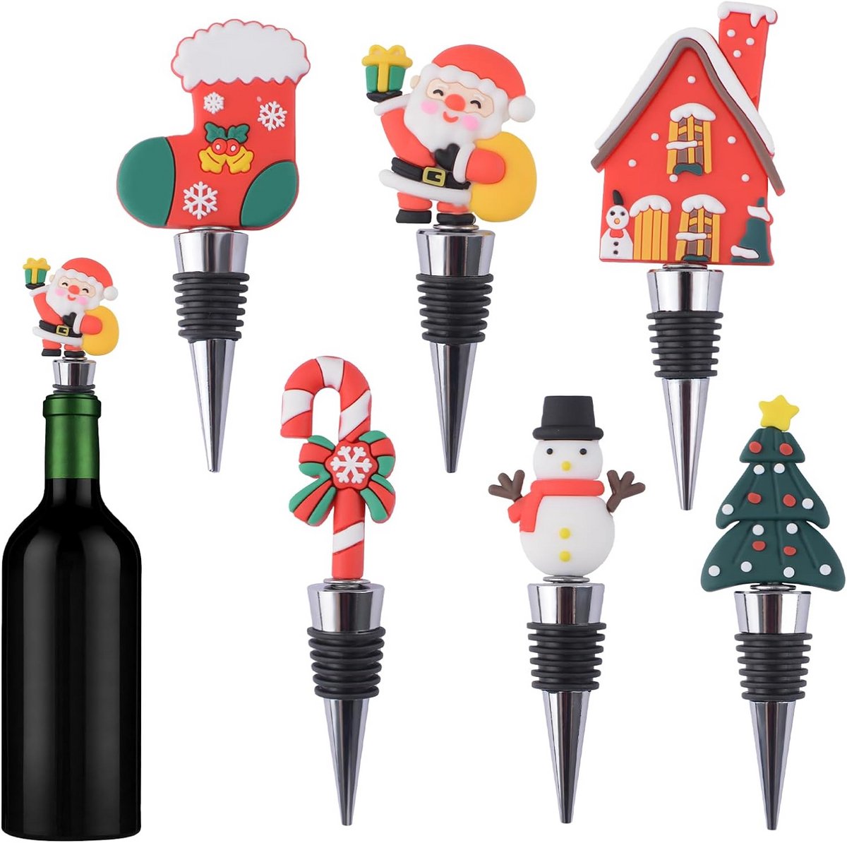6x Kerst Wijnfles Stoppers Siliconen Flesdop Sneeuwpop Cadeau Decoratie