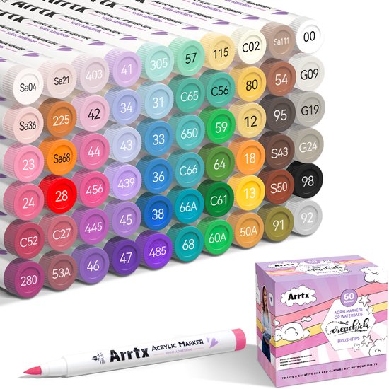 Roze Arrtx acrylmarker met roze punt, naast een open geschenkdoos met 60 markers.
