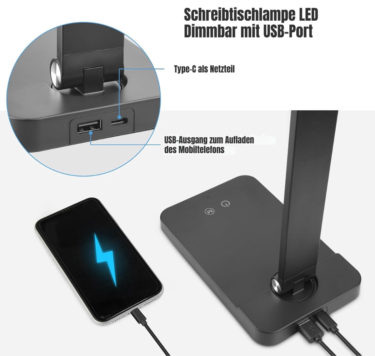 Quvo® Bureaulamp led dimbaar daglicht - USB oplaadbaar - 5 kleurenfuncties - Daglichtlamp - Touchscreen - Lichttherapielamp - Hobby lamp voor schilderen, puzzelen – UV-Vrij - Tafellamp/lamp staand - Zwart - ‎40cm x 12cm x 4cm thumbnail 7