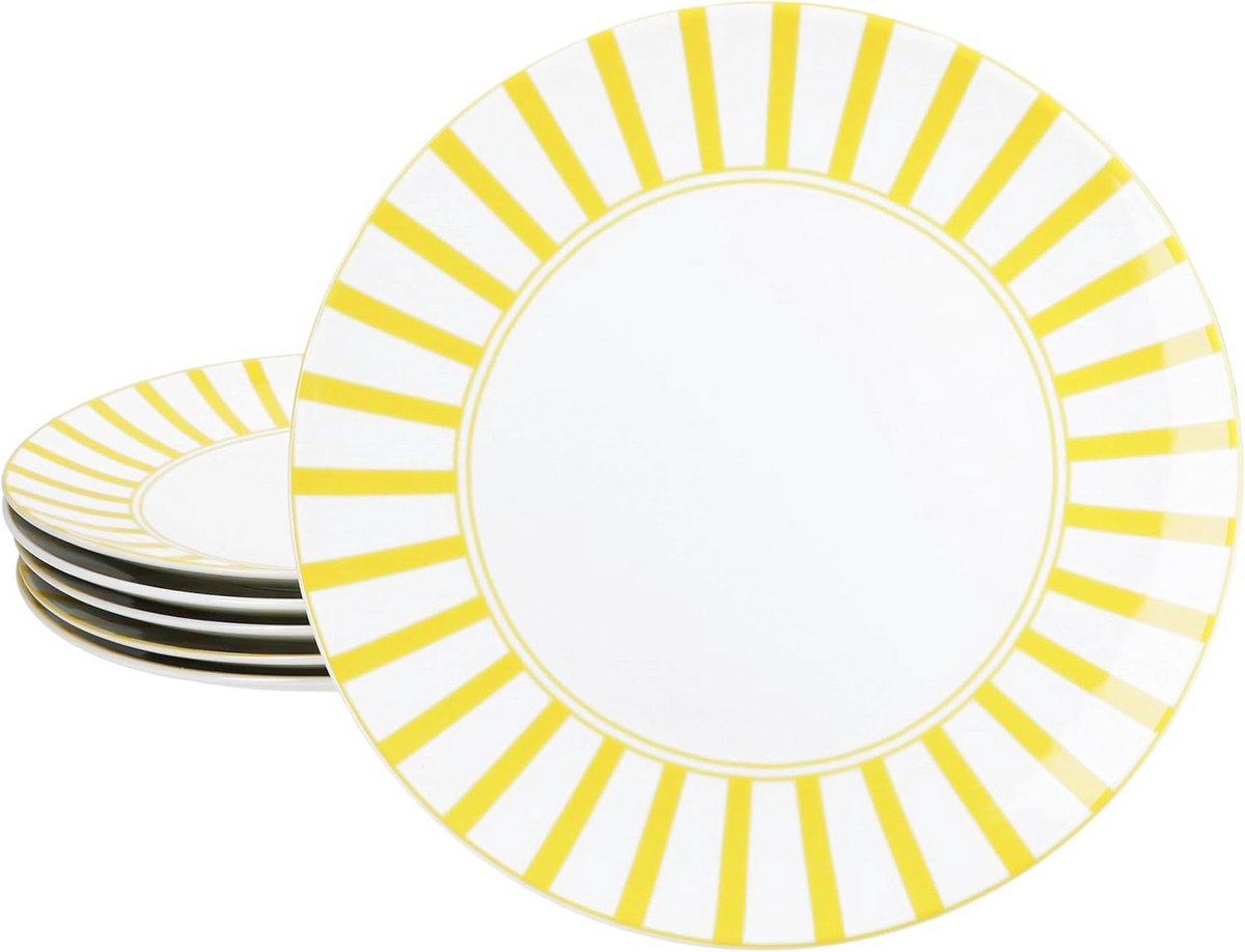 Set van 6 Platte Borden Ø 27 cm Porselein Geel Gestreept - Grote Dinerborden