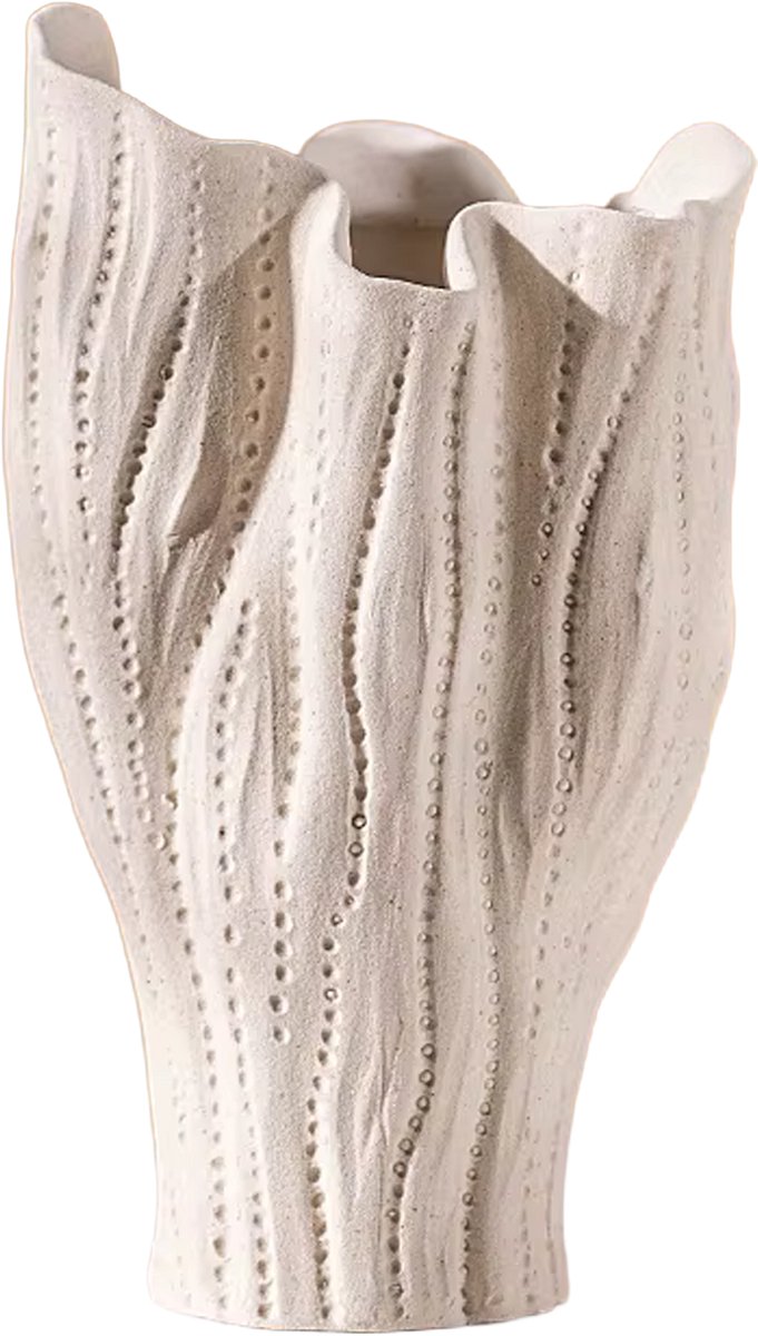 COZELLA® Vaas Wave Keramiek – Sculpturale Bloemenvaas Reliëf – Droogbloemen Japandi – Zandkleurig
