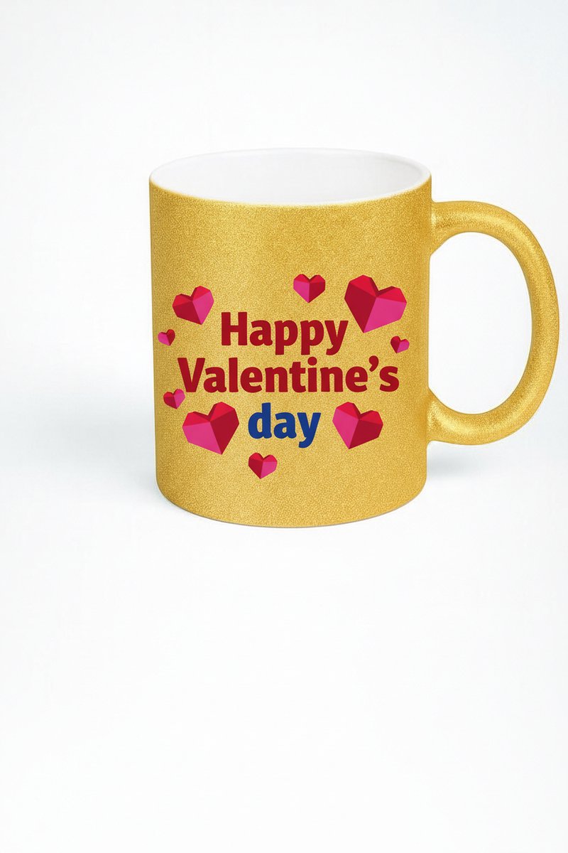 Valentijnsdag Mok Goud Glitter - Happy Valentine's Day Cadeau met Hartjes