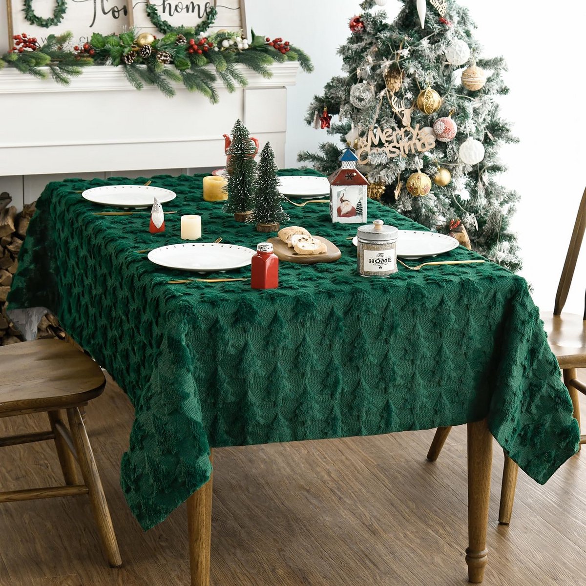 Zacht Kunstbont Tafelkleed met Groene Dennenbomen voor Kerst en Winterdecoratie