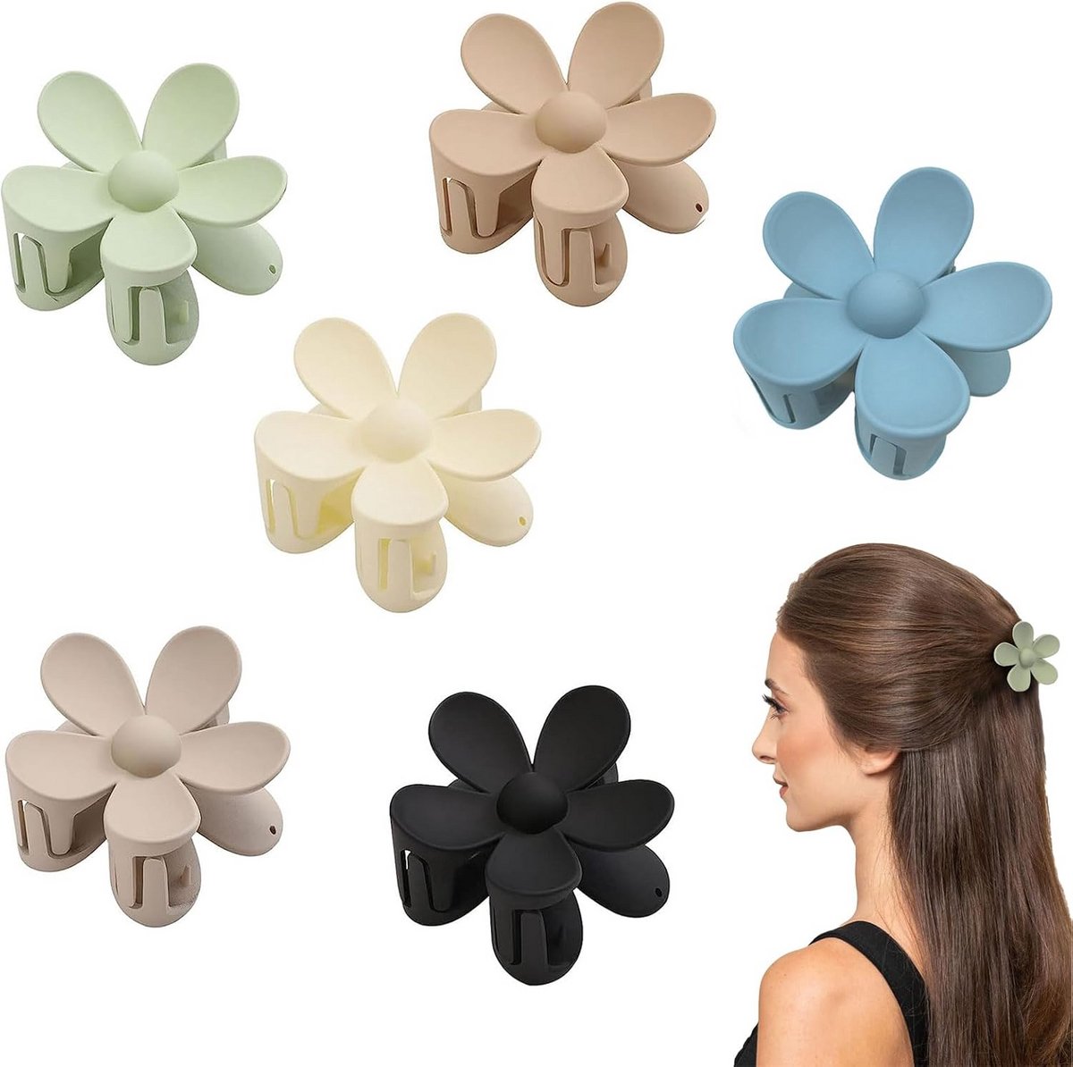Set van 6 Grote Matte Bloem Haarspelden - Sterke Klauwclips voor Dik en Dun Haar