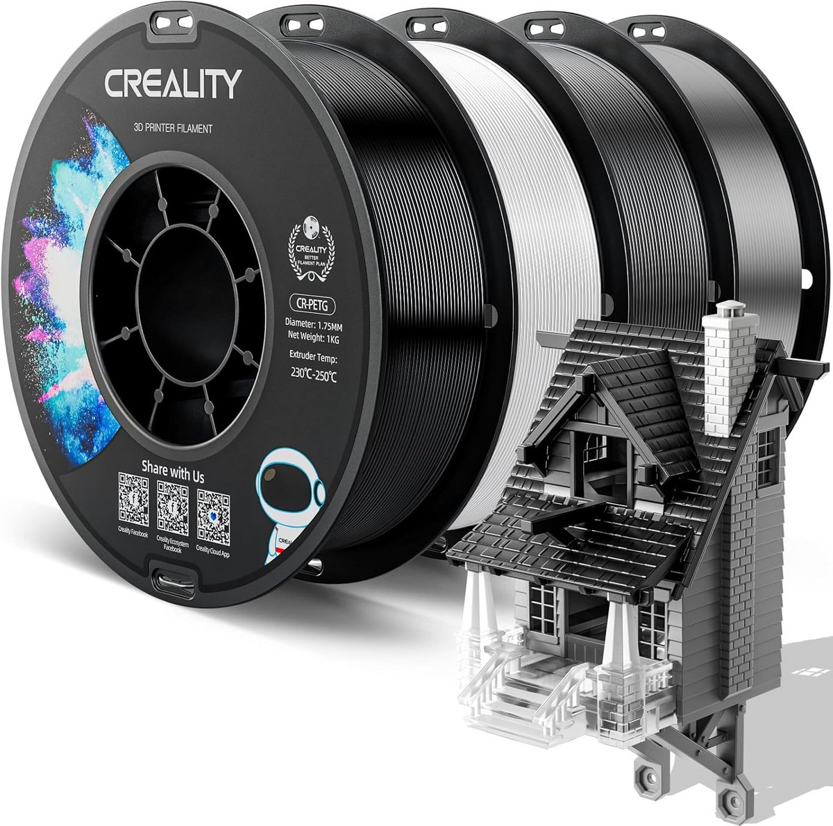 PETG Filament 1.75mm Set (4kg) - Zwart, Wit, Grijs & Transparant