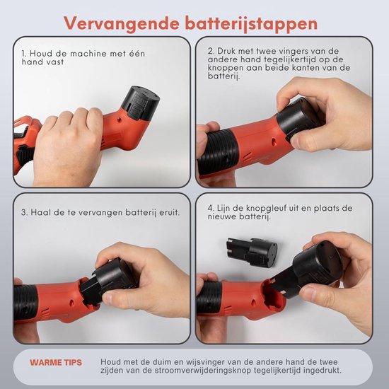 Vier stappen om een batterij te vervangen: houd machine vast, druk knoppen in, verwijder batterij, plaats nieuwe batterij.