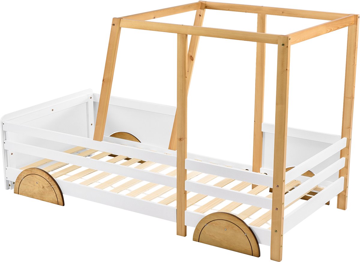 MIVRAY Kinder Autobed 90x200cm - Bed Met Autovorm En Veiligheidshekken - Massief Hout En MDF - Wit Naturel Bruin - Zonder Matras