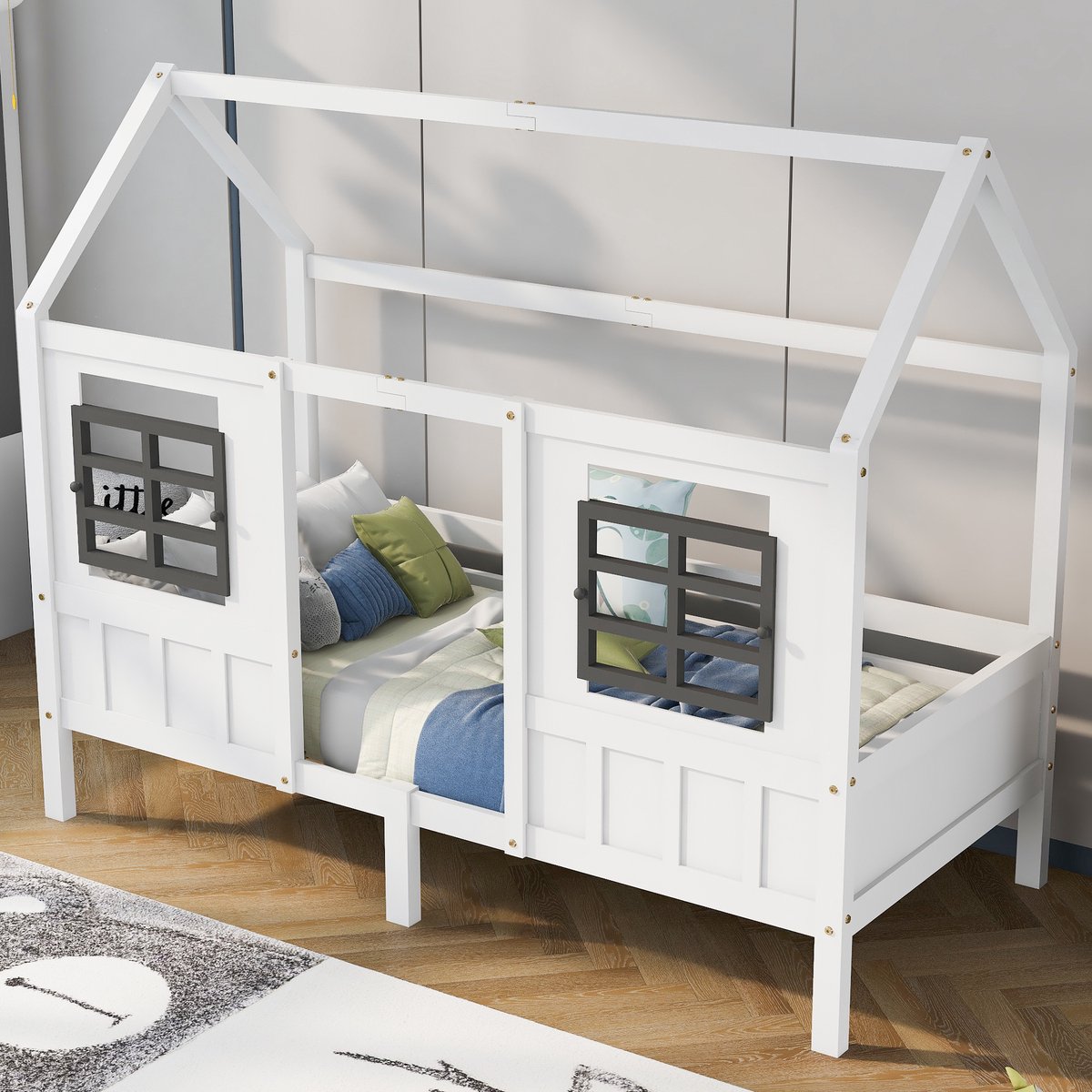 MIVRAY Huisbed 90x200 Cm - Kinderbed Met Twee Raamvormige Zijpanelen En Veiligheidsrek - Massief Hout En MDF - Wit - Zonder Matras