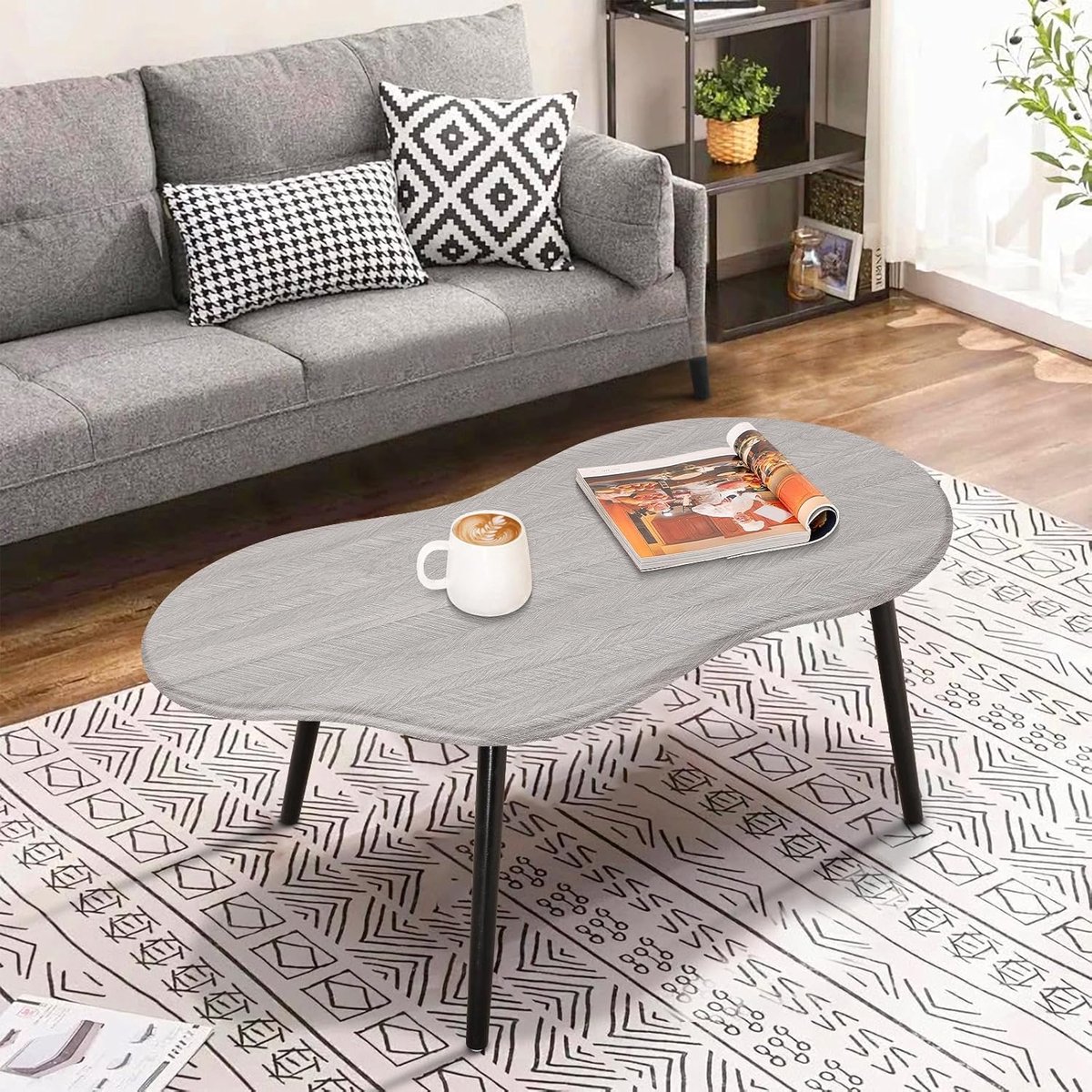 Salontafel Wolkvorm – Moderne Rustikales Grau Cloud Salontafel met Houten Poten – Design Middentafel voor Woonkamer – Mid-Century & Scandinavische Stijl – 100 x 50 x 42 cm – Pauwhome