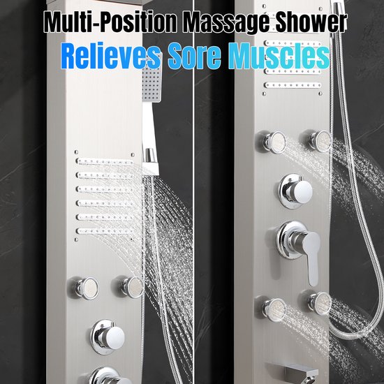 Zilverkleurig douchepaneel met handdouche en meerdere massagespuitmonden, met verlichting.