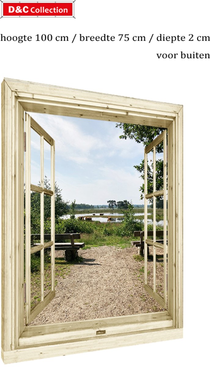 D&C Collection Canvas voor buiten - doorkijk poster - tuinposter op houten frame - 100x75x2 cm - doorkijk nostalgisch venster - schotse hooglanders - landschap - bankje - water - tuindoek - schutting doek - poster op balkon bruin, groen blauw beige