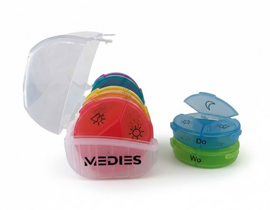 Medies - Pilulier 7 jours 3 compartiments - 7 Boîtes à pilules multicolores avec boîte de rangement transparente - Verrouillage fort - Langue néerlandaise
