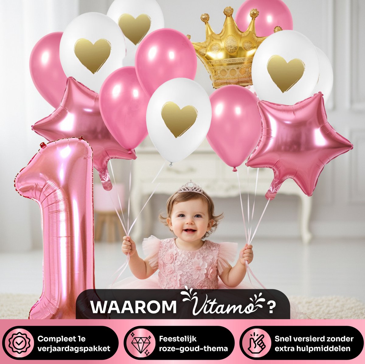 Baby’s 1e Verjaardag Versiering - Feestversiering - Happy Birthday - Feestpakket - Ballonnen - Slinger - 1 Jaar - Verjaardagsfeest - Feestartikelen - Feestdecoratie Roze — afbeelding 6