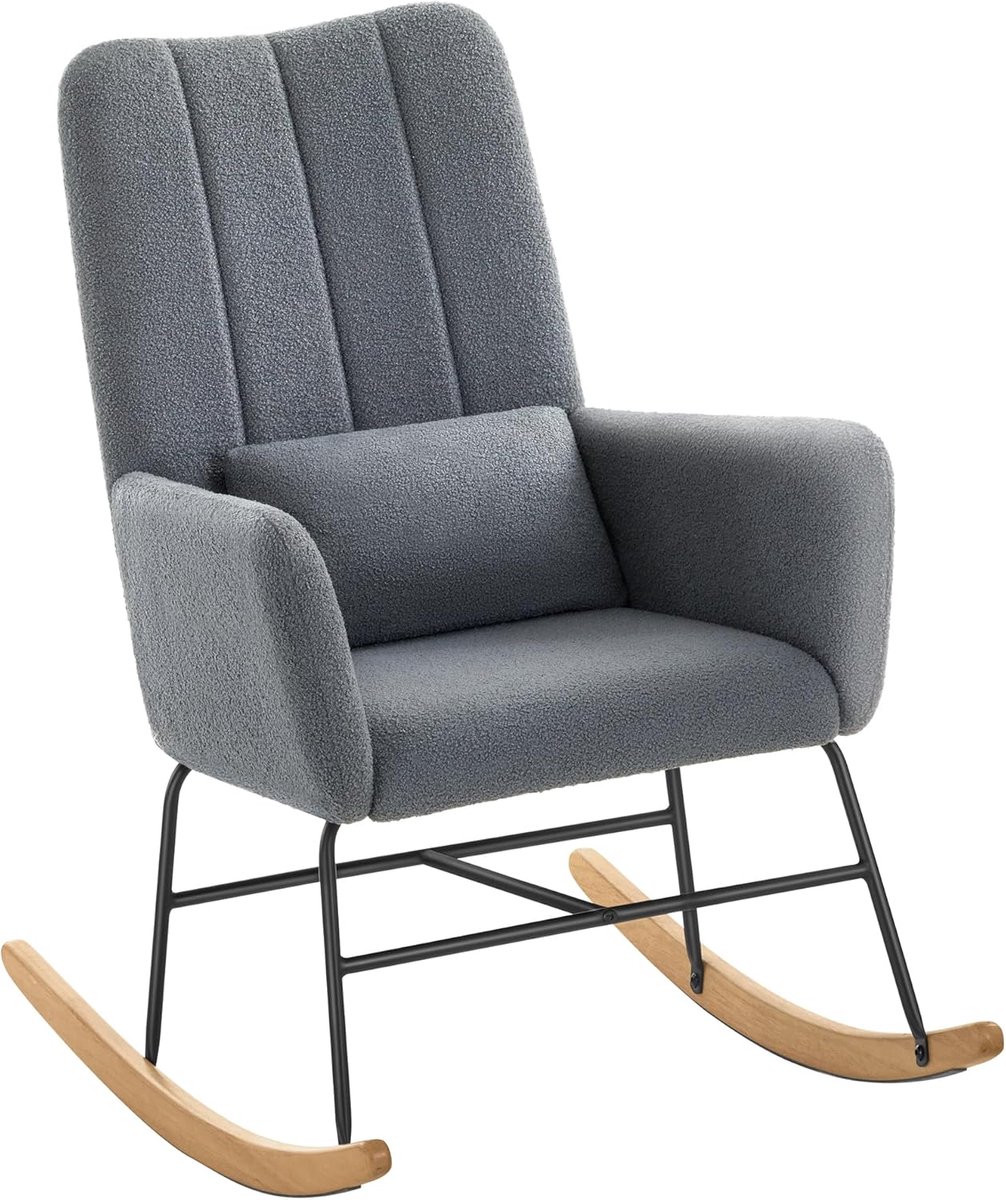 SONGMICS Schommelstoel met armleuningen - relaxstoel met fleece bekleed - stalen frame en poten van rubberhout - draagvermogen 136 kg - voor slaapkamer en woonkamer - grijs