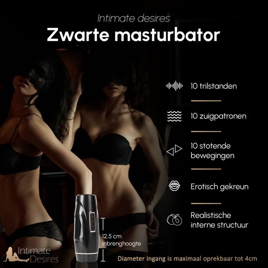 Zwarte masturbator met 10 trilstanden, 10 zuigpatronen en 10 stotende bewegingen. Realistische interne structuur, 12,5 cm inbrenghoogte.