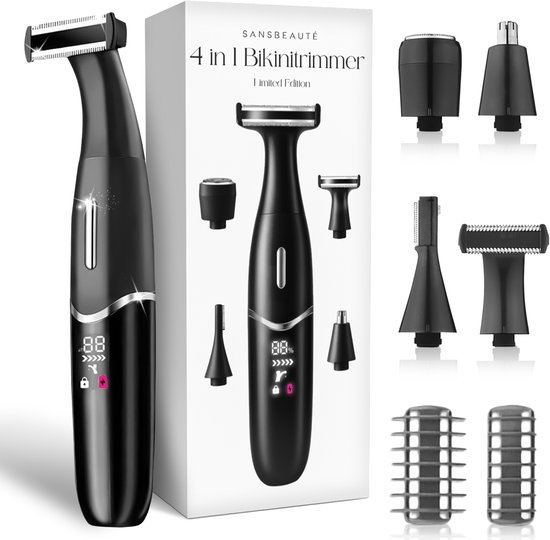 Zwarte 4-in-1 bikinitrimmer met accessoires en verpakking, met weergave van de verschillende opzetstukken.