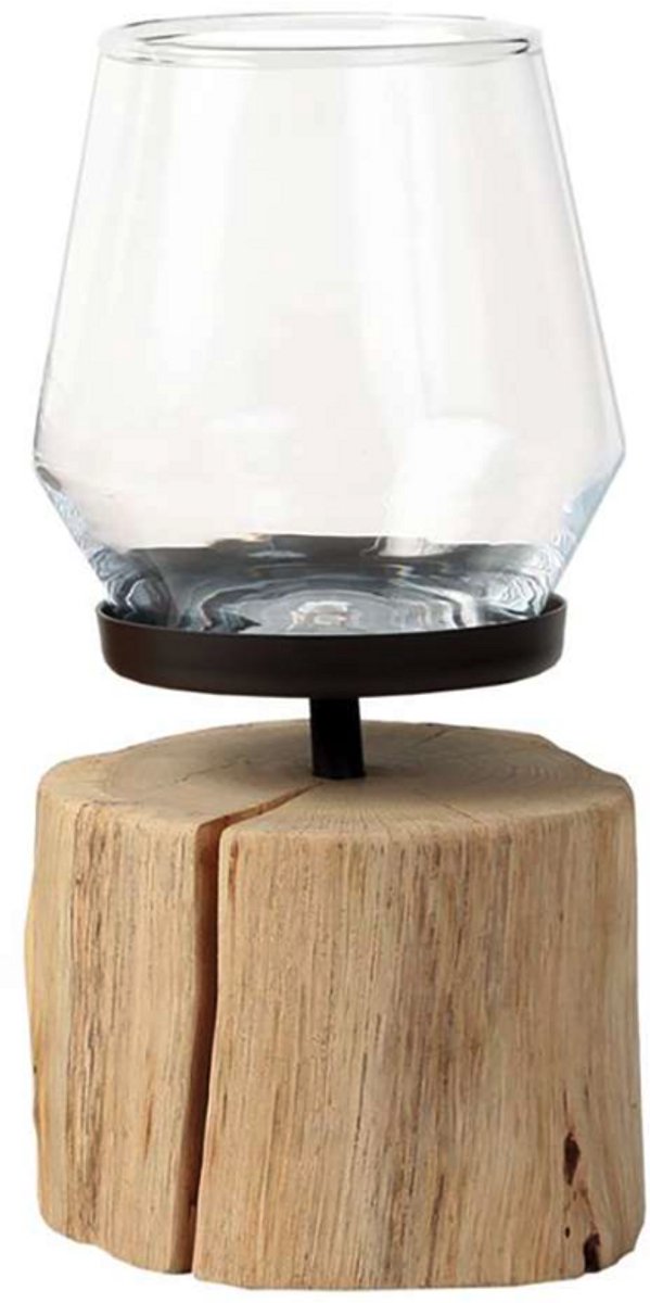 Windlicht op houten EIKEN voet - INCL.stevig glas - kaarshouder - boomstam lantaarn - Orkaanlicht eiken, natuur - hoogte 30 cm