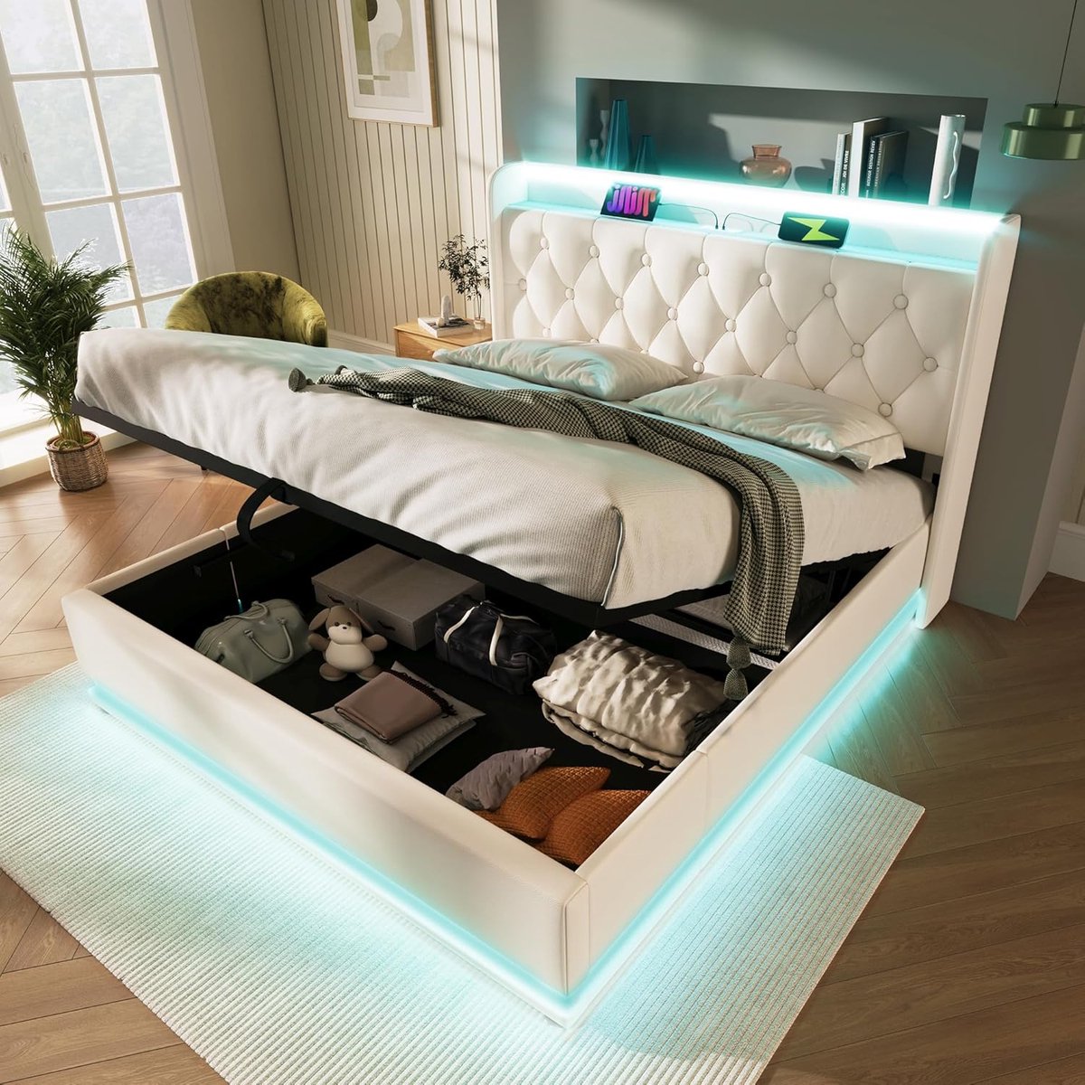 Gestoffeerd Opbergbed 180x200 cm met 360° LED & USB Type-C – Hydraulisch Tweepersoonsbed met Lattenbodem, Hoofdeinde met Opbergvak – Wit PU – Zonder Matras – Pauwhome