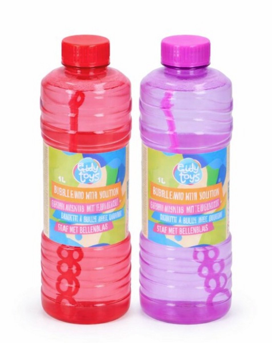 EDDY TOYS Bellenblaas Navulflessen – Set van 2 - 1000ml – Zeepbellenvloeistof in Assorti Kleuren – met Oplossing - Voor Buitenspelen, Kinderfeestjes & Zomerpret