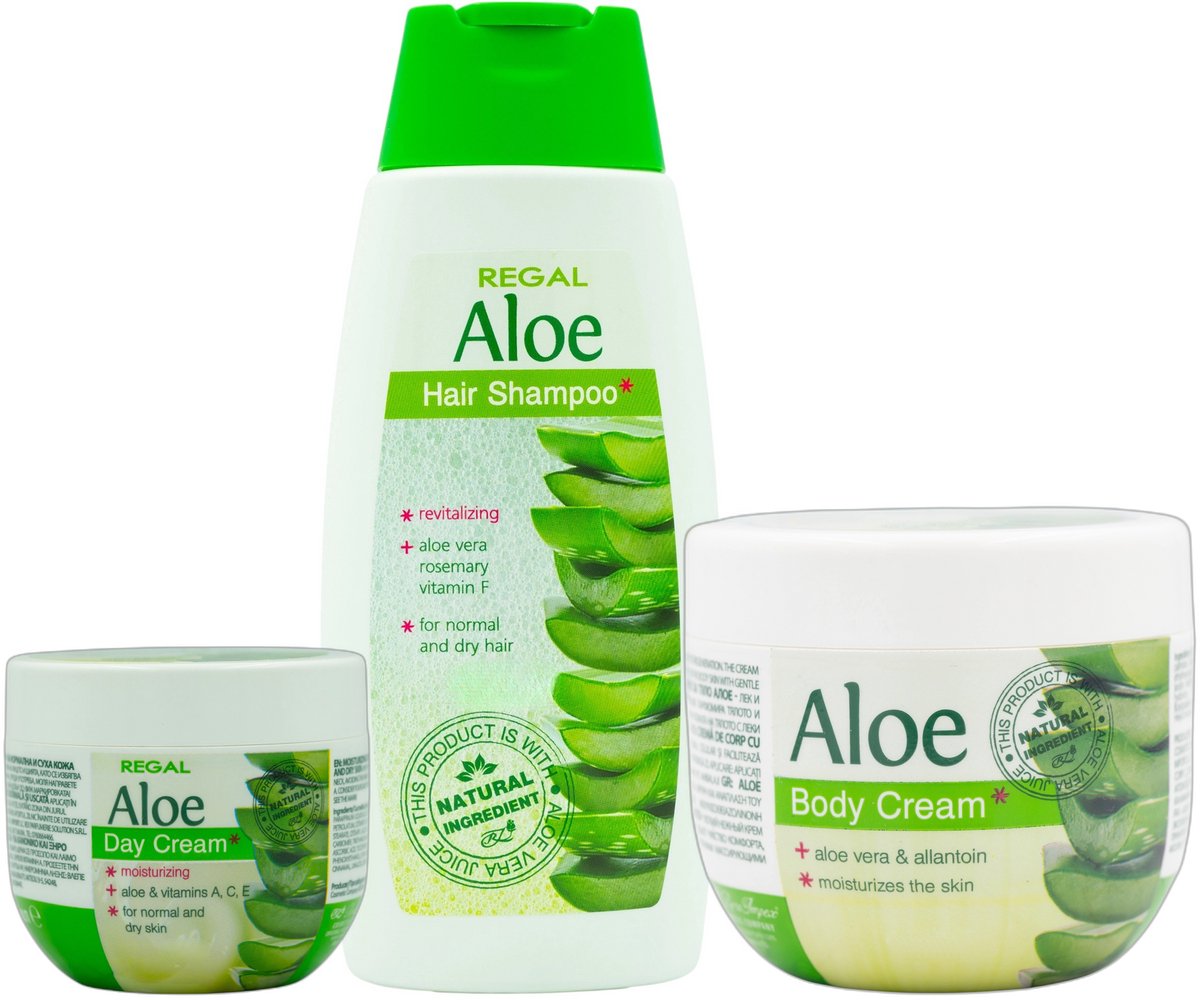 Regal Aloe Complete Verzorgingsset Voordeelverpakking 3 Stuks – Dagcrème, Bodycrème & Shampoo met Natuurlijke Aloë Vera – Voor Gevoelige, Normale & Droge Huid/Haar – 600ml