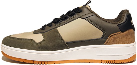 Linker PME Legend sneaker in beige, groen en bruin suède met witte zool en oranje loopzool.