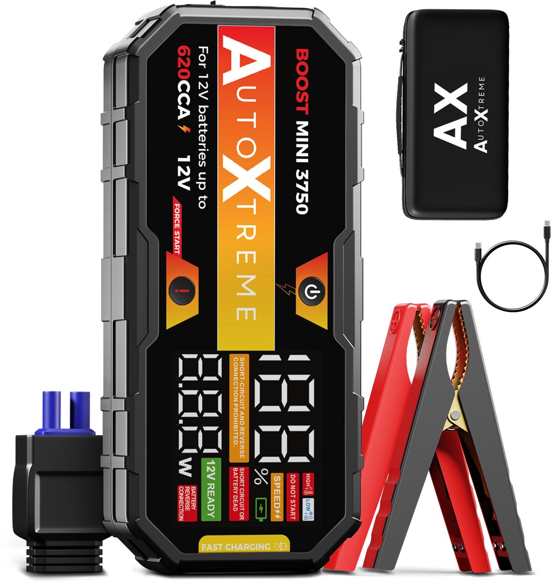 AutoXtreme Jumpstarter 12V voor Auto – 620CCA – Boost Mini 3750 – Starthulp met Forcestart, LED-scherm & Powerbank – Incl. Zaklamp & Opbergkoffer