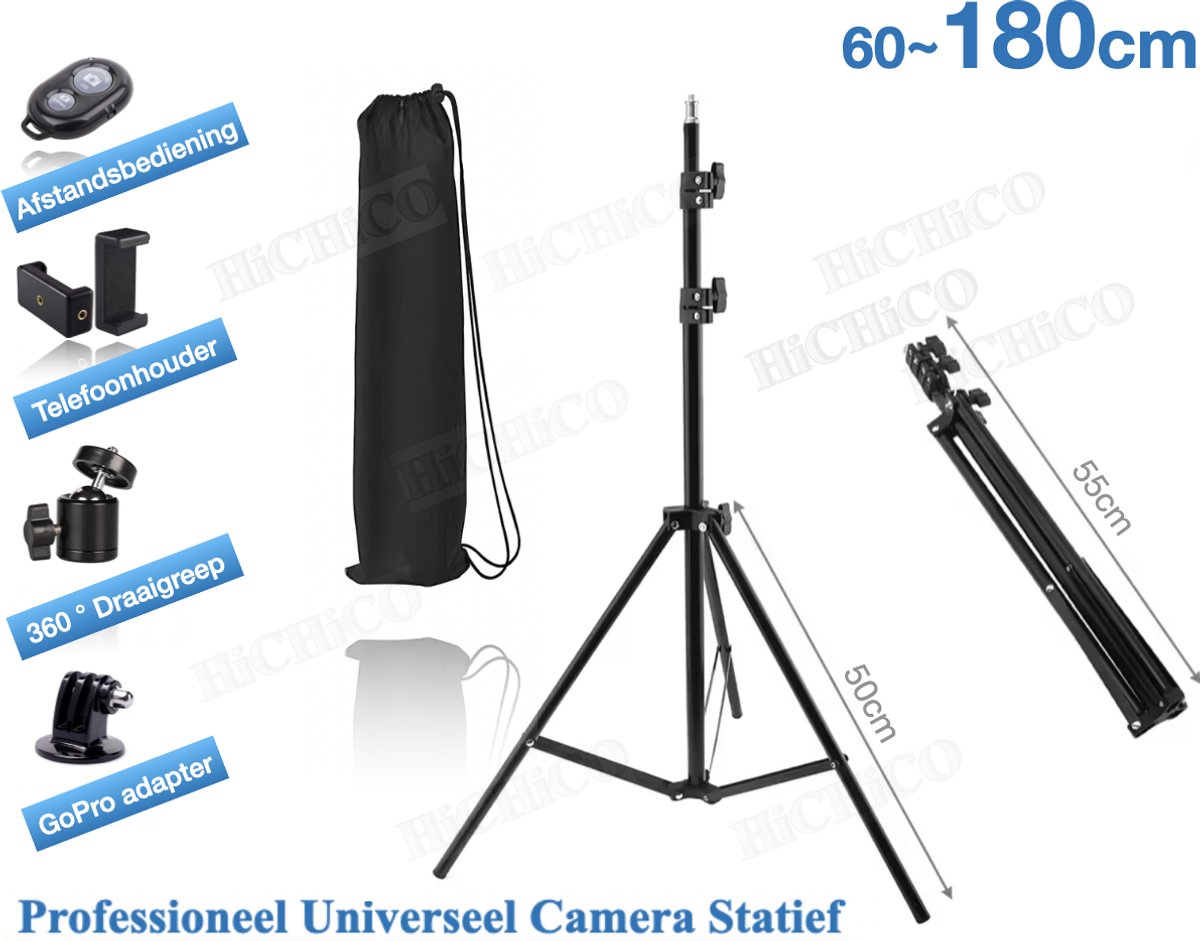 HiCHiCO® Smartphone Statief 180cm Voor Fotocamera en Smartphone, Action Camera, GoPro, iPhone - Canon – Nikon - Spiegelreflexcamera Inc. Bluetooth Afstandsbediening – Camerastatief schroef 1.4” – Light Stand – Tripod met Draagtas