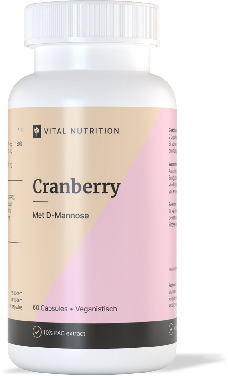 Vital Nutrition Cranberry met D-Mannose - 10% PAC extract van Exocyan® - 100% plantaardig - Met Vitamine C - 60 capsules