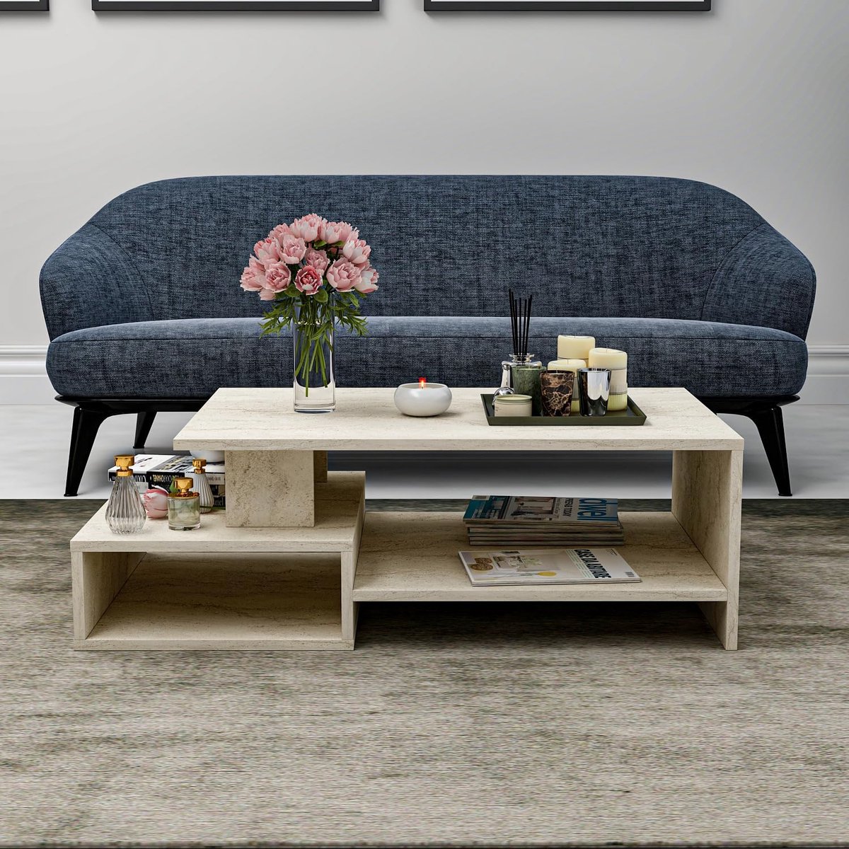 Salontafel Rond 75 cm met Opbergruimte – Moderne Woonkamertafel met Stoffen Mand – Metalen Frame – Mat Wit & Camelbruin – 75 x 75 x 45 cm – Pauwhome