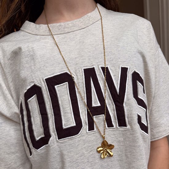 Model draagt een gouden ketting met een bloemhangertje boven een grijze sweater met tekst.