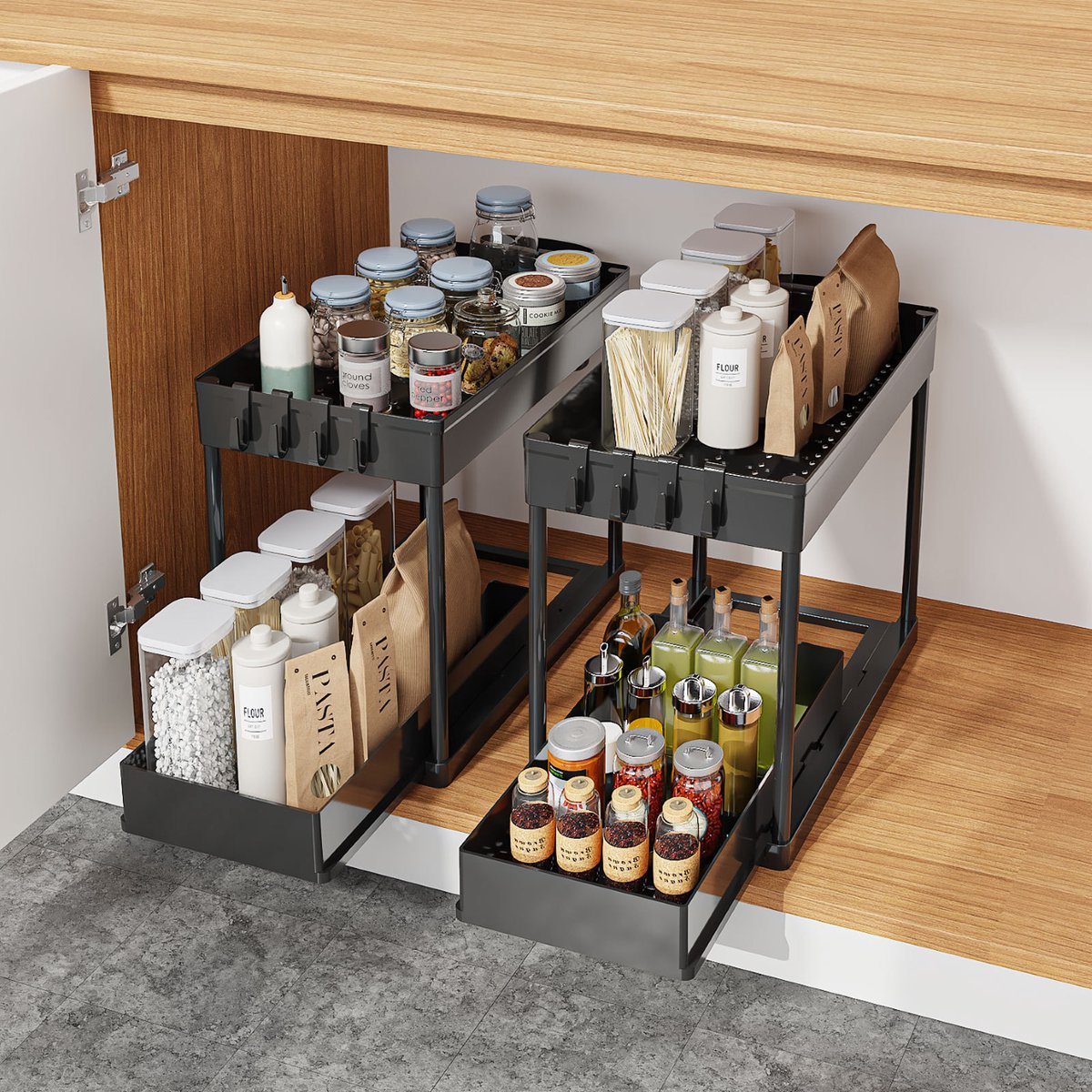 Kraftverdia Keukenkast Organizer uitschuifbaar - Schuiflade Gootsteenkast Organizer Met Haken Van 2