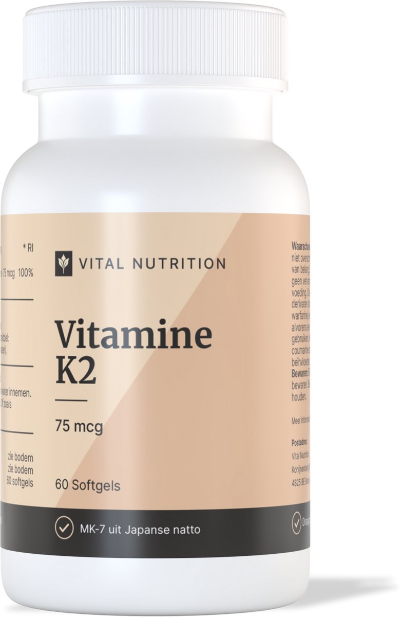 Vitamine K2 - 75 mcg - Best opneembare vorm: MK-7 - Olijfolie voor superieure opname - Onafhankelijk getest - 60 softgels