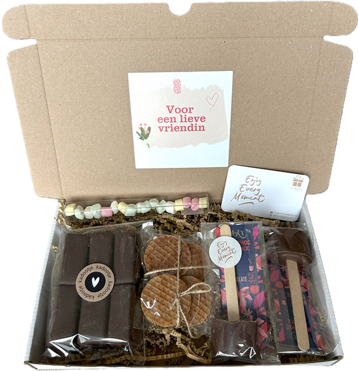 Vriendin choco brievenbus cadeau - chocoladestick - chocolade - marshmallows - stroopwafels