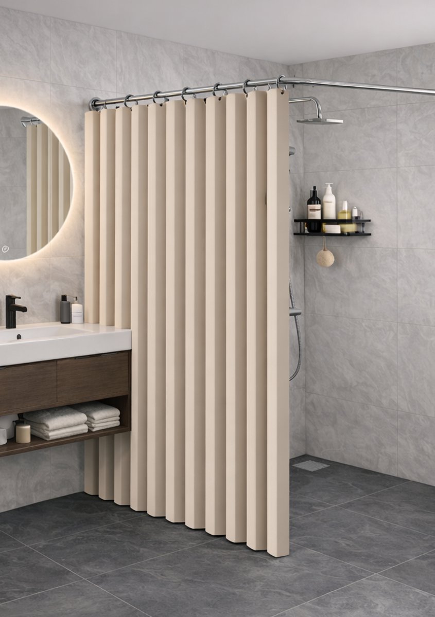 Vouwbaar douchegordijn beige – 150 x 200 cm – waterafstotende linnen look | ShowerEase