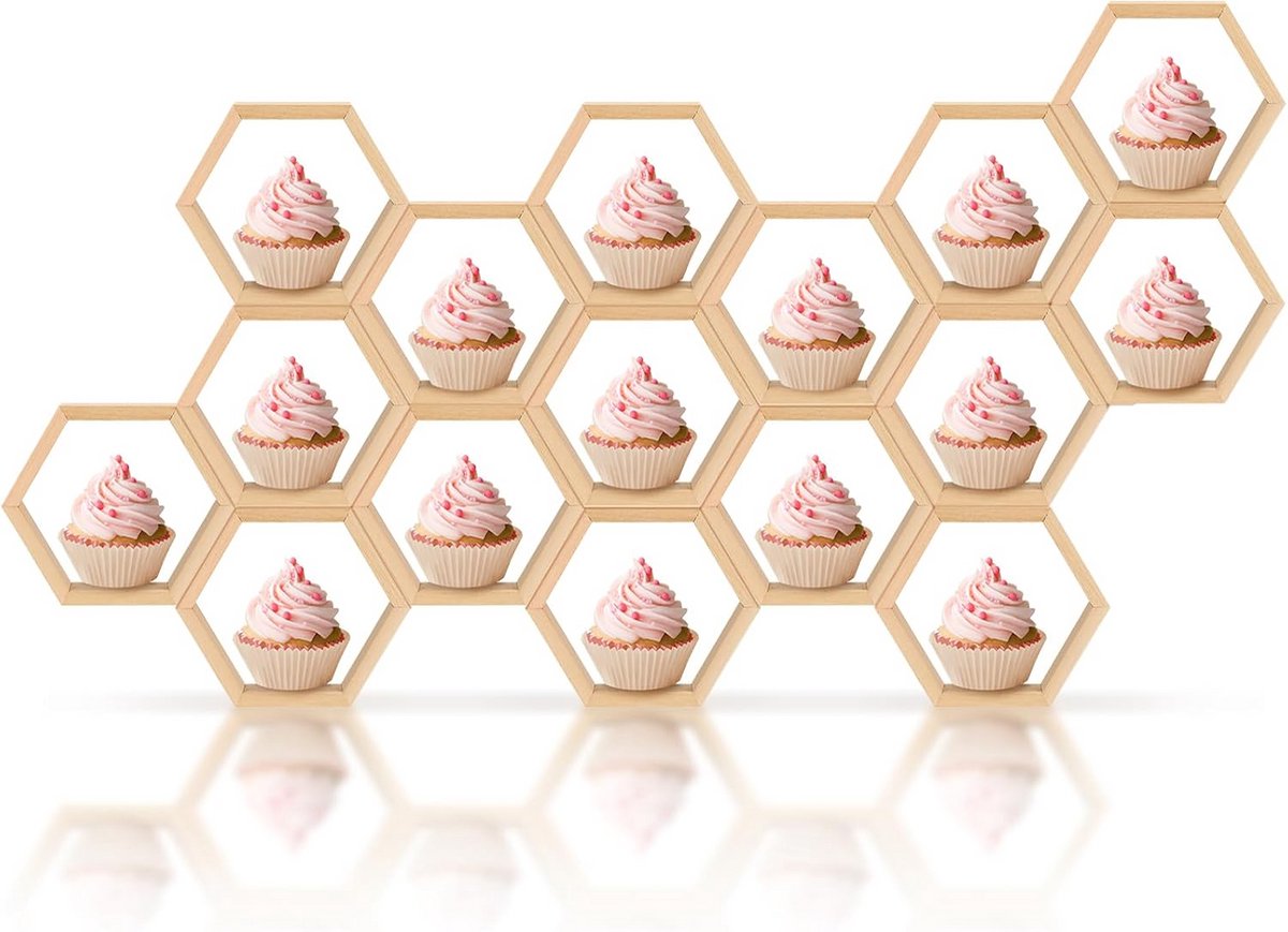 16 Stuks Mini Houten Honingraat Cupcake Standaard Zeshoek Taart Display Houder