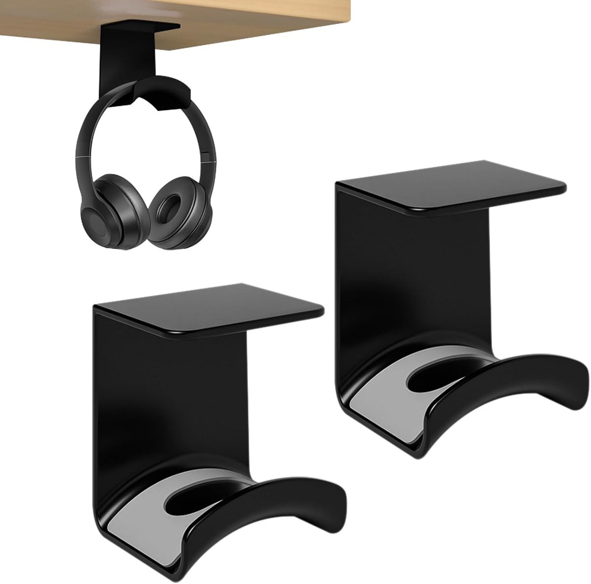 2-delige hoofdtelefoonhouder, standaard voor gaminghoofdtelefoons onder de tafel, hoofdtelefoonhouder met 3M-lijm, antislip en slijtvast, geschikt voor bureaus en computertafels (zwart)