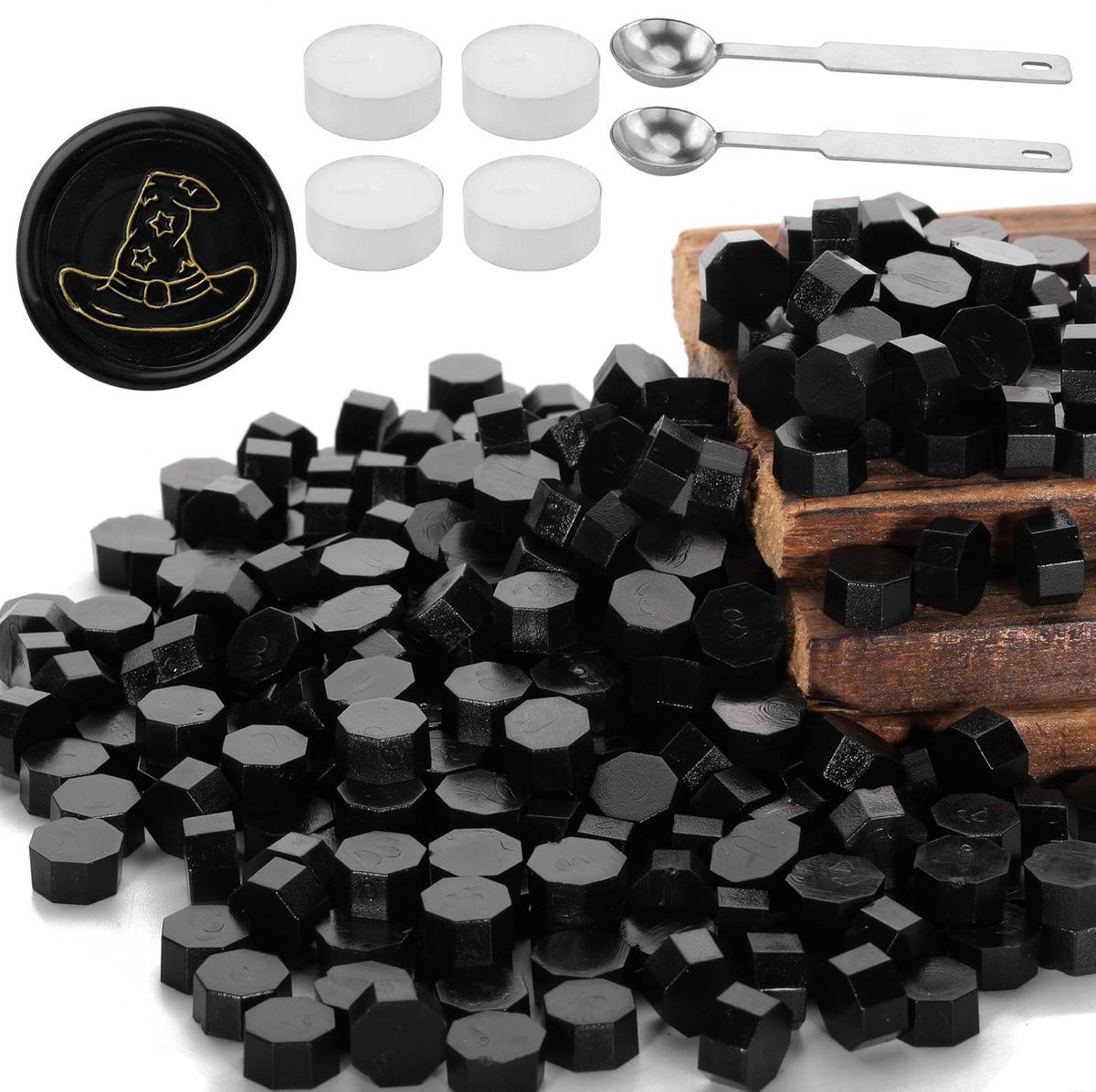 300 Zwarte Sealen Was Parels Set met Smeltlepels en Kaarsen voor Wax Seal Stempels