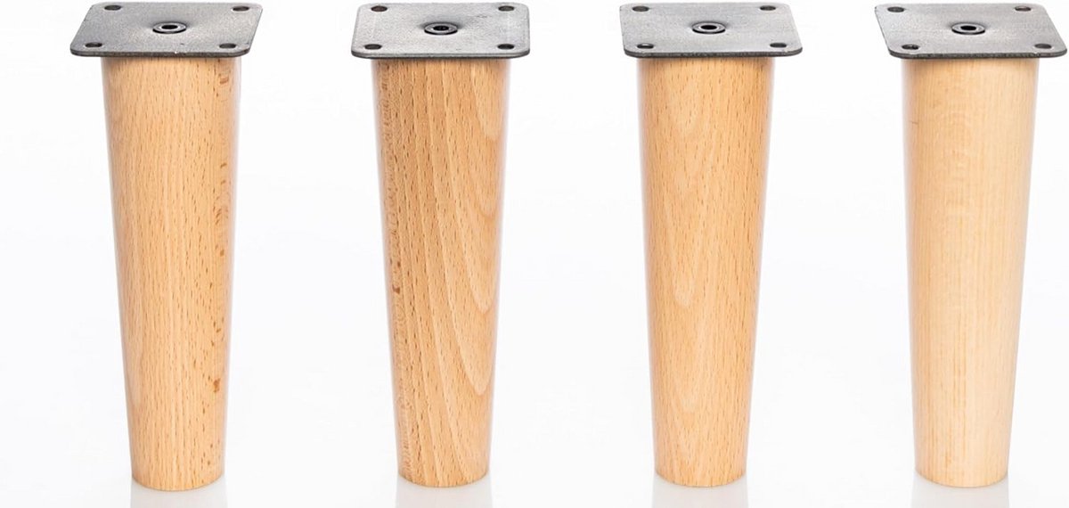 Set van 4 Massief Beukenhouten Meubelpoten met Montageplaat, Rechte Conische Houten Poten