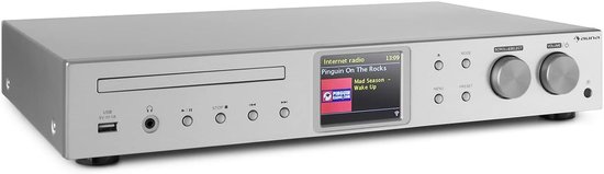 Zilverkleurige CD-speler met USB-poort, display, draaiknoppen en bedieningsknoppen.